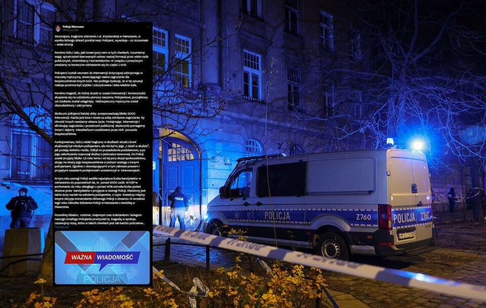 Policja przed budynkiem przy ul. Inżynierskiej 6 na warszawskiej Pradze / autor: PAP/Paweł Supernak/X