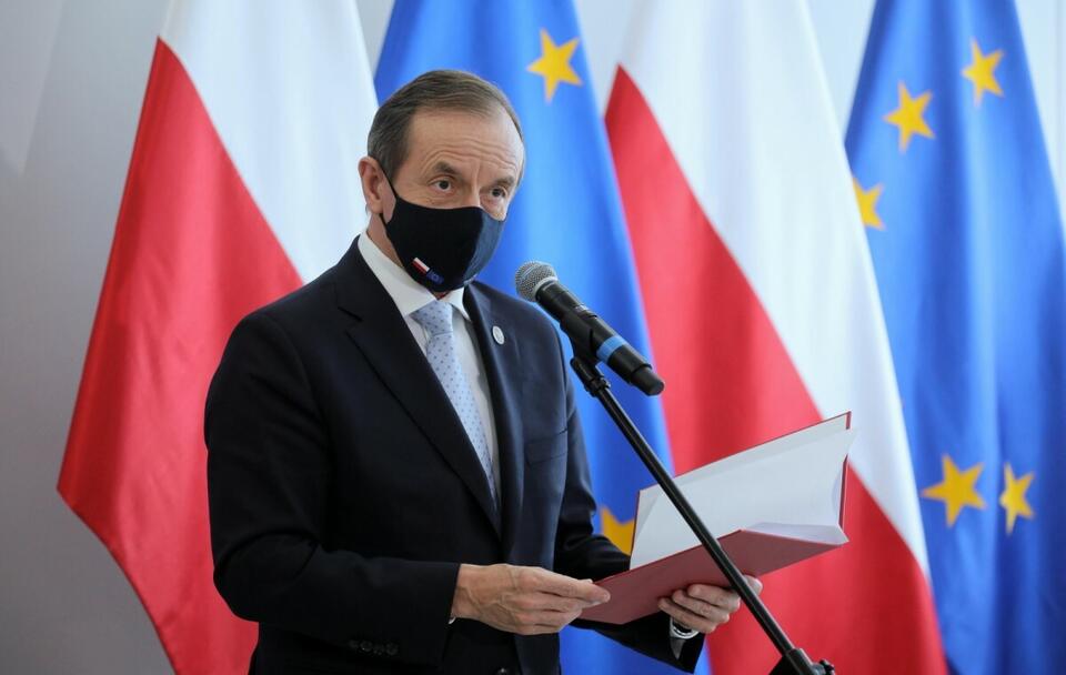 Marszałek Senatu Tomasz Grodzki podczas konferencji prasowej / autor: PAP/Paweł Supernak