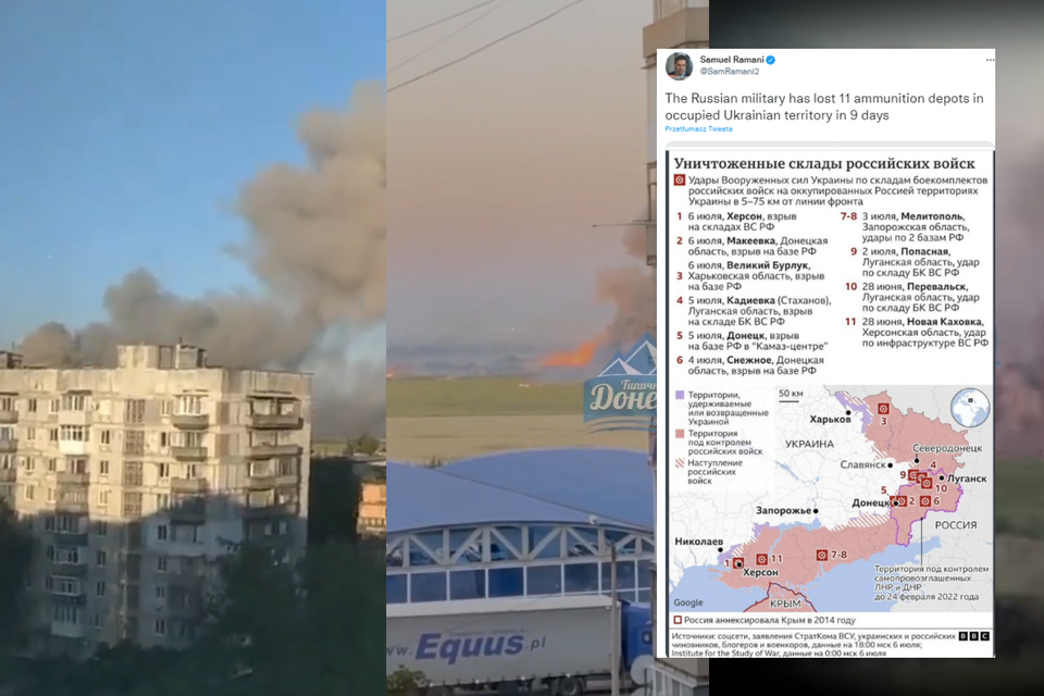 Wybuch w rosyjskim składzie amunicji w Szachtarsku / autor: screemshot Twitter