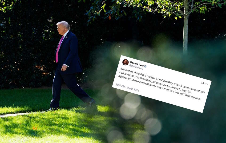 na zdj. prezydent USA Donald Trump i wpis Donalda Tuska w serwisie X / autor: PAP/EPA/AARON SCHWARTZ / POOL, X/Donald Tusk