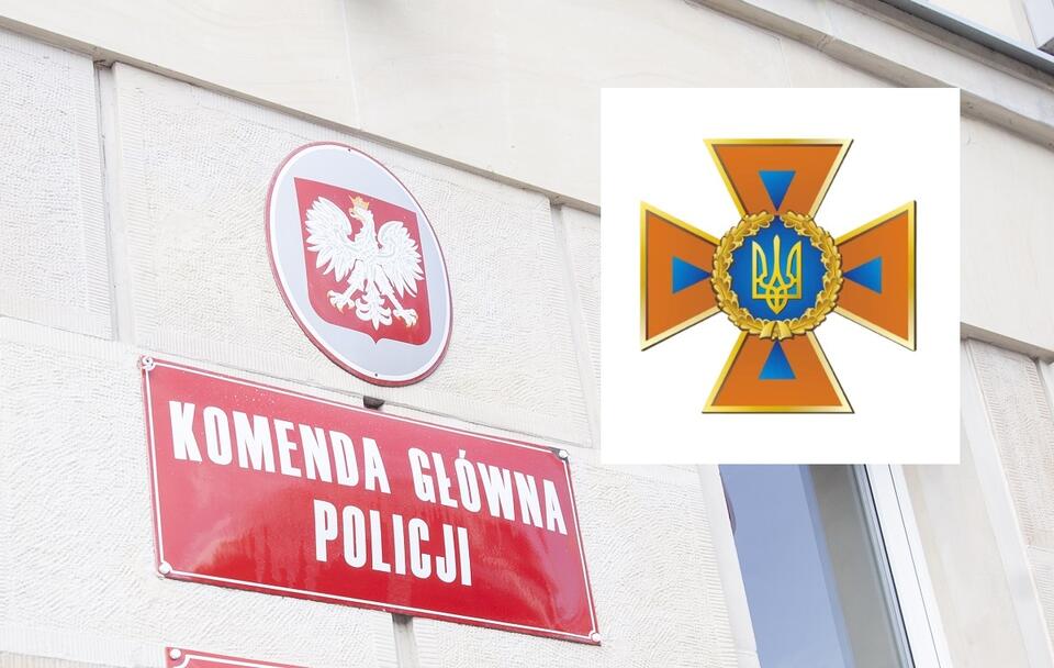 Komenda Główna Policji, w miniaturze - logo ukraińskiej Służby ds. Sytuacji Nadzwyczajnych (DSNS) / autor: Fratria/MNS.GOV.UA