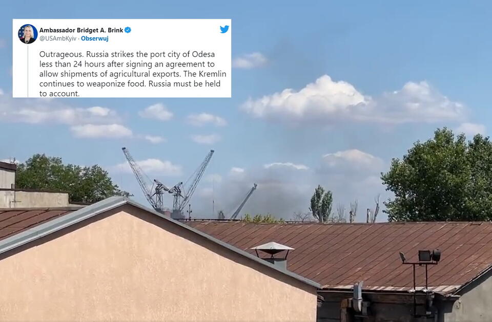 Ostrzał Odessy - w oddali port / autor: screenshot Twitter @Reevellp