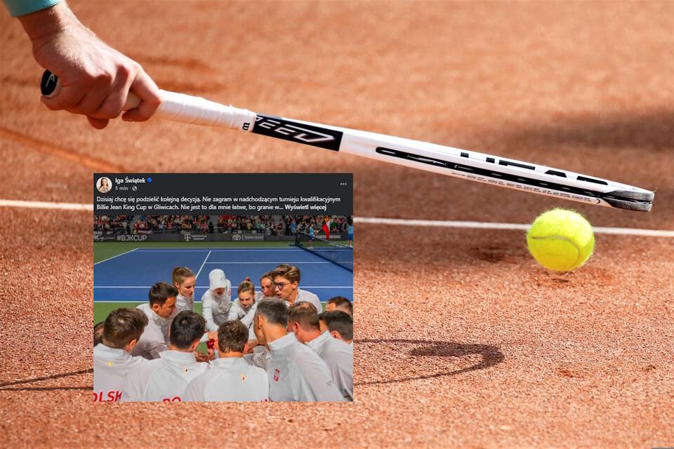 Na zdjęciu tenisista odbija piłkę na korcie oraz wpis Igi Świątek (screen z Fb) / autor: pixabay.com/Fb-Iga Świątek (screen)