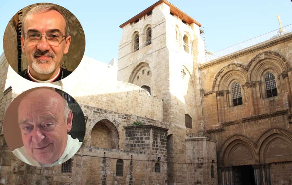 Bazylika Grobu Pańskiego w Jerozolimie; Kard. Pierbattista Pizzaballa; O. Stanisław Tasiemski / autor: Fratria/Telewizja wPolsce24/Vatican Media 