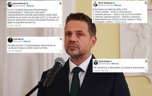Rafał Trzaskowski podczas konferencji prasowej w Warszawie oraz wpisy z portalu X / autor: PAP/Albert Zawada/X