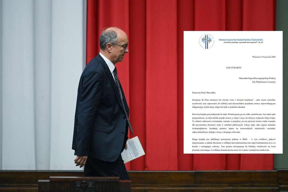 Marszałek Sejmu Włodzimierz Czarzasty na sali plenarnej Sejmu, w miniaturze list otwarty SKŚ / autor: Fratria/katecheci.org