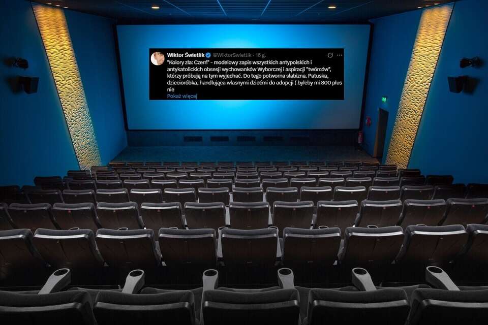 Sala kinowa oraz wpis Wiktora Świetlika z portalu X / autor: pixabay.com/X-Wiktor Świetlik