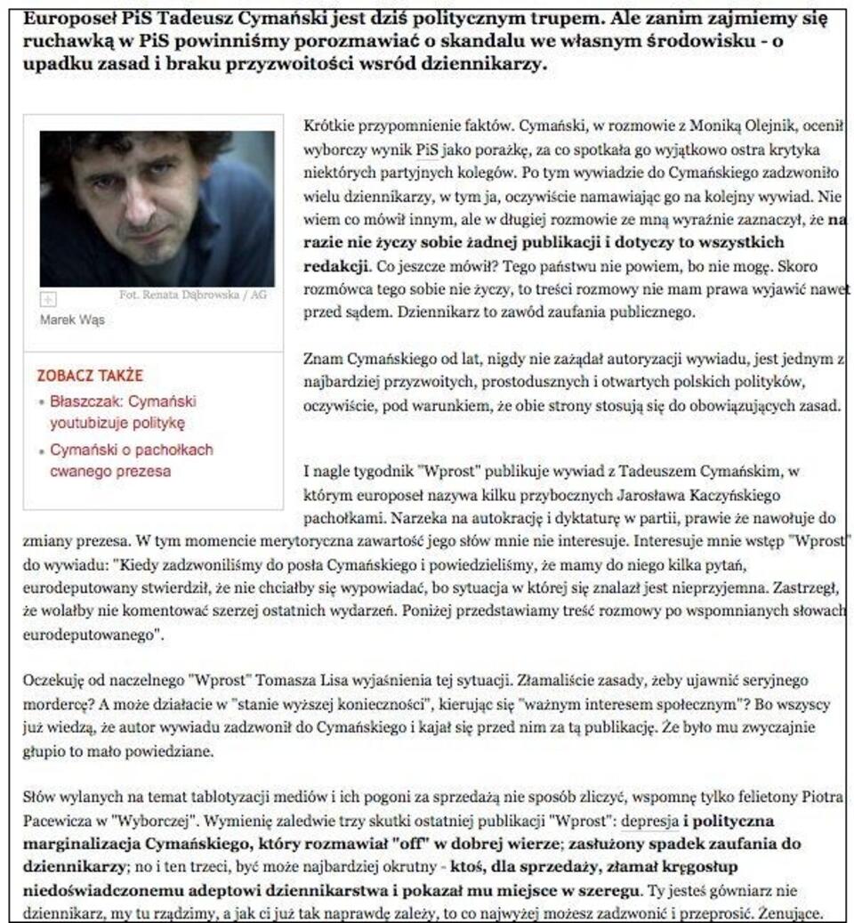 Zdjęty artykuł Wąsa. Fot. wPolityce.pl