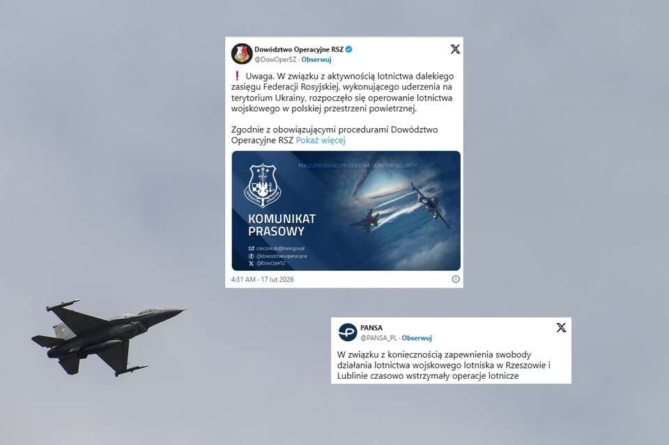 W tle na zdjęciu polski F-16 na niebie, w miniaturze komunikaty Dowództwa Operacyjnego RSZ i Polskiej Agencji Żeglugi Powietrznej / autor: Fratria/X