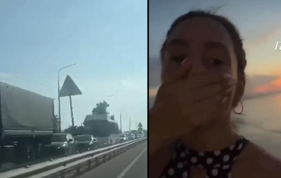 Sznur samochodów wyjeżdżających z Krymu/Rosjanka podczas transmisji  / autor: Twitter/@TpyxaNews,@nexta_tv