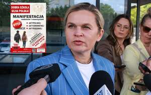 Barbara Nowacka / autor: Fratria/plakat zapraszający na manifestację