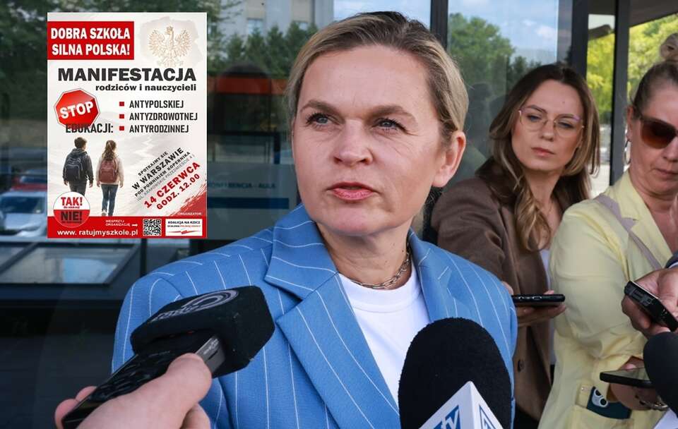 Barbara Nowacka / autor: Fratria/plakat zapraszający na manifestację