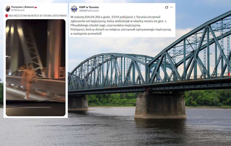 Komenda Miejska Policji w Toruniu wydała komunikat ws. zatrzymania czarnoskórego nagiego mężczyzny na moście w Toruniu. / autor: Fratria/X