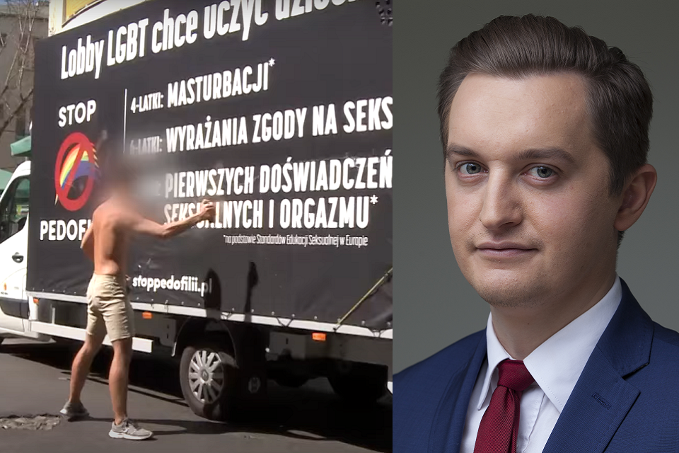 Aktywista LGBT niszczy furgonetkę fundacji pro-life (kadr z reportażu telewizji wPolsce.pl); wiceminister sprawiedliwości Sebastian Kaleta / autor: Telewizja wPolsce.pl; Fratria
