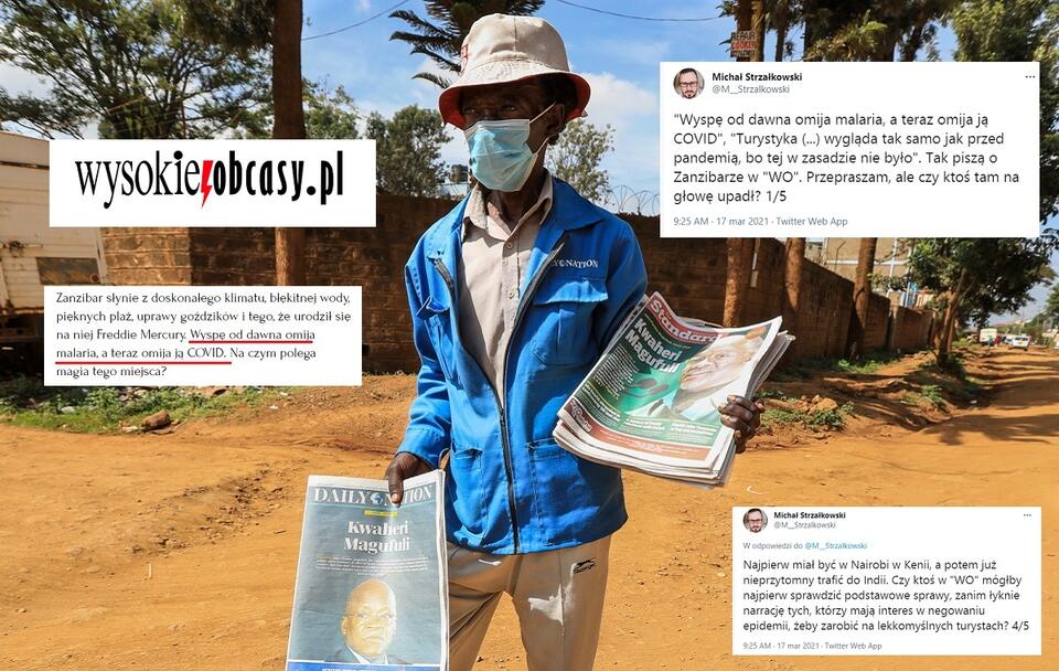 Na zdjęciu - kenijski sprzedawca gazet sprzedaje gazety z nagłówkiem Goodbye Magufuli / autor: PAP/EPA; wysokieobcasy.pl; Twitter