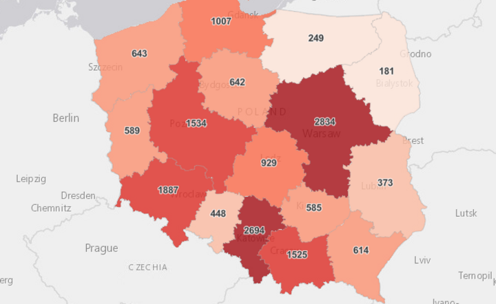 nowe zakażenia, podział według województw / autor: Esri/gov.pl