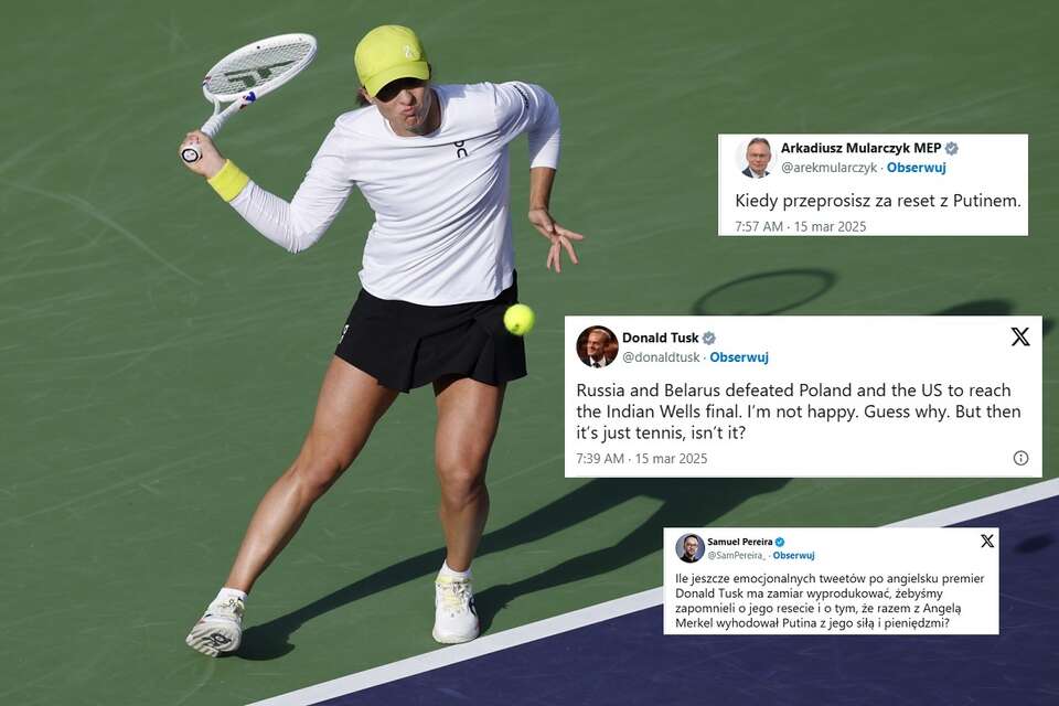 Iga Świątek na korcie w Indian Wells, w miniaturze wpis Donalda Tuska i komentarze / autor: PAP/EPA/X