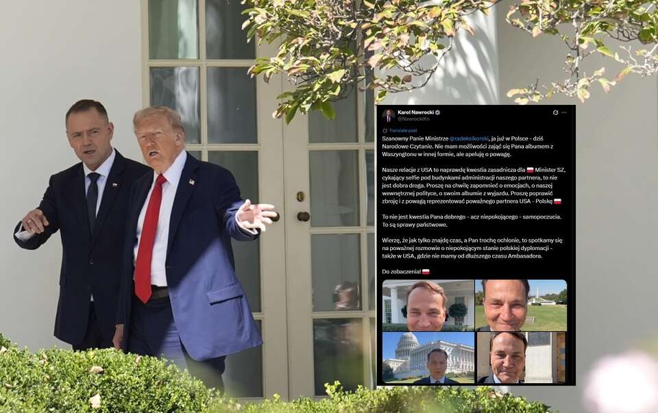 Prezydent Karol Nawrocki z amerykańskim przywódcą Donaldem Trumpem w Waszyngtonie/Wicepremier, szef MSZ Radosław Sikorski w Sejmie / autor: PAP/EPA/YURI GRIPAS / POOL/Fratria