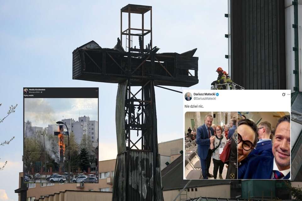 Płonący krzyż i zachwycona radna z KO. W tle Żurek i Trzaskowski