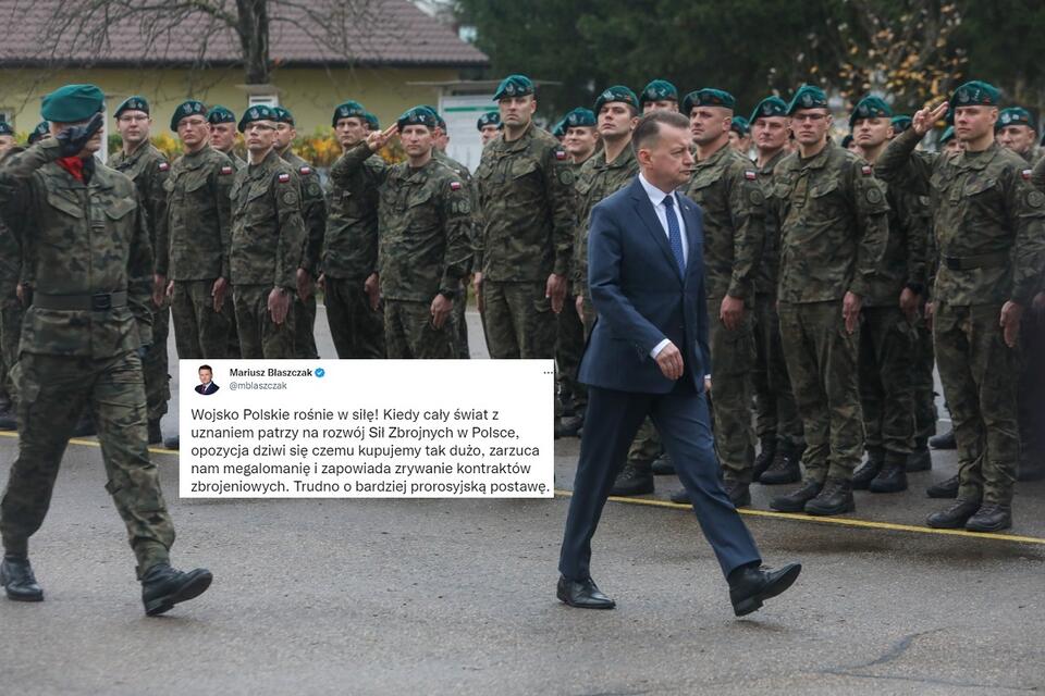 Wicepremier, minister obrony narodowej Mariusz Błaszczak na uroczystej przysiędze żołnierzy w Suwałkach / autor: PAP/Artur Reszko; Twitter/Mariusz Błaszczak