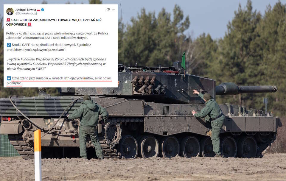 Poseł PiS Andrzej Śliwka analizuje skutki zaciągnięcia pożyczki z funduszu SAFE dla armii. Na zdjęciu niemiecki czołg  Leopard na polskim poligonie. / autor: Fratria/X