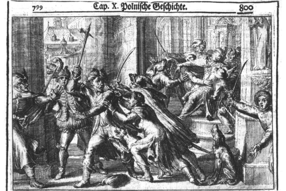 Zamach na króla Zygmunta III, rycina z dzieła Hioba Ludolfa / autor: Domena publiczna