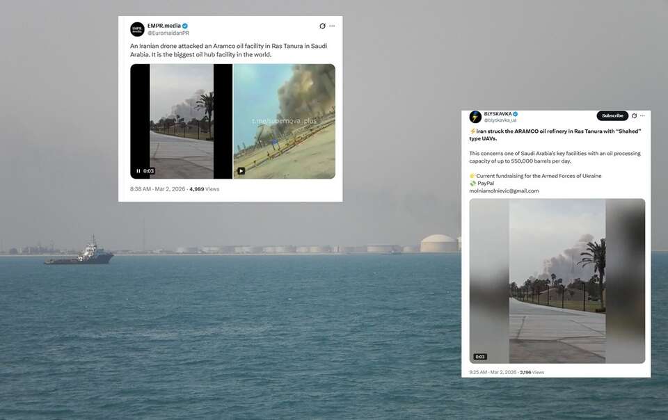 Zbiorniki w porcie Ras Tanura. W miniaturach - pożar rafinerii / autor: Ciacho5, CC BY-SA 3.0 <https://creativecommons.org/licenses/by-sa/3.0>, via Wikimedia Commons