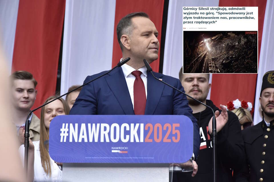 Prezydent Nawrocki zaangażował się w rozwiązanie problemów górników z kopalni Silesia. Na zdjęciu prezydent Karol Nawrocki podczas wiecu wyborczego i artykuł portalu wPolityce o strajku górników z SIlesii (screen z wPolityce) / autor: Fratria/wPolityce