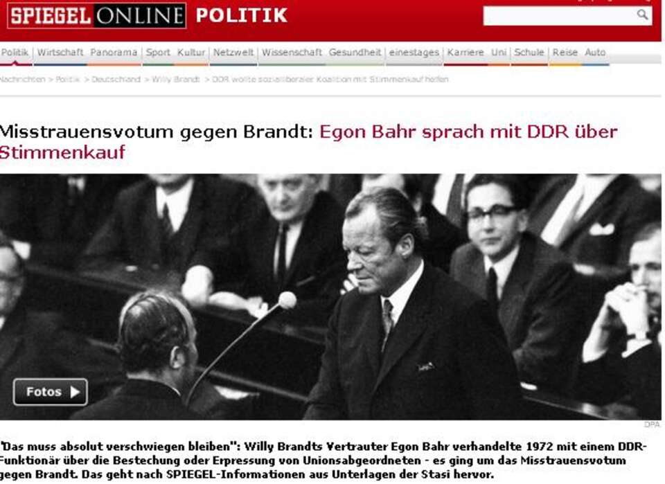 spiegel.de: "Wotum nieufności wobec Brandta: Egon Bahr rozmawiał z NRD o kupieniu głosów"