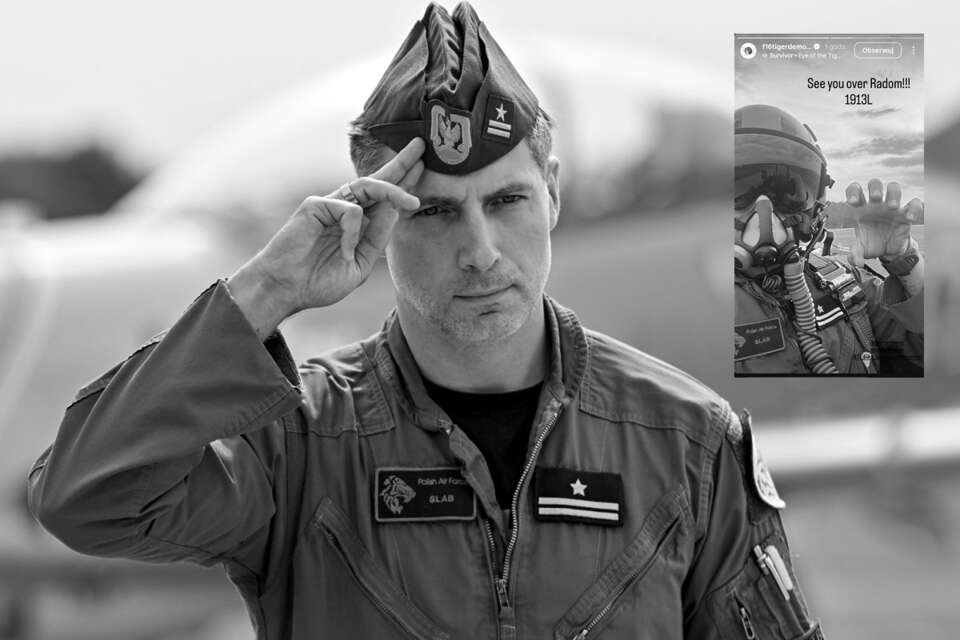 Na zdjęciu archiwalnym z 21.08.2025 lider F-16 Tiger Demo Team mjr pil. Maciej „Slab” Krakowian / autor: PAP/Piotr Polak, Facebook/Kamil Trembacz/F-16 Tiger Demo Team Poland