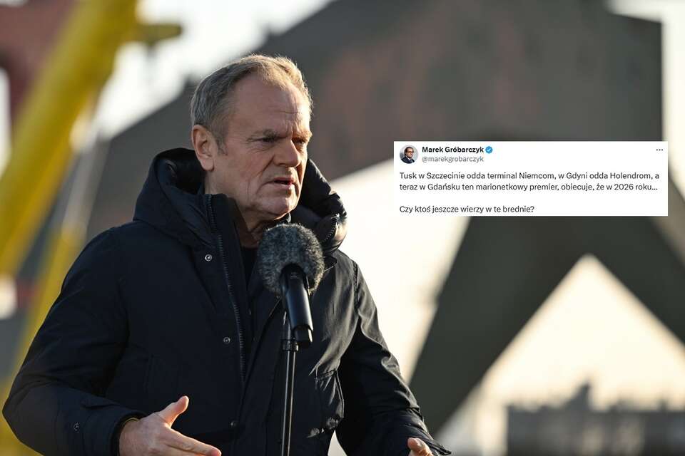 Donald Tusk podczas wizyty w miejscu rozbudowy Terminala Zbożowego w Porcie Gdańsk, w miniaturze wpis posła PiS Marka Gróbarczyka / autor: PAP/Adam Warżawa, X/Marek Gróbarczyk