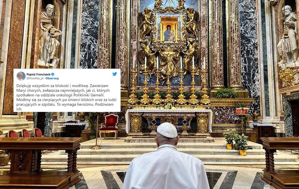 Papież Franciszek modli się w rzymskiej bazylice Matki Bożej Większej, dokąd udał się prosto ze szpitala, w drodze do Watykanu / autor: Twitter/Pontifex_pl