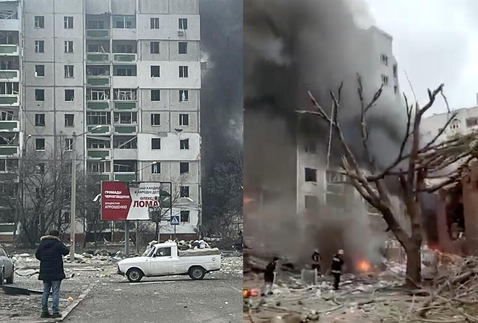 Zniszczony przez rosyjski atak rakietowy budynek mieszkalny w centrum Czernihowa,. / autor: PAP/ODA