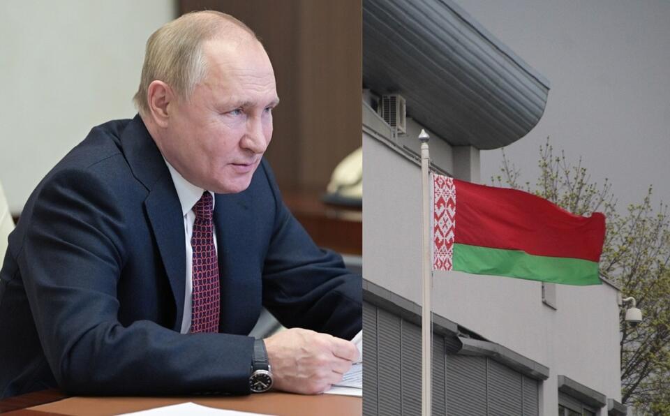 Prezydent Rosji Władimir Putin/Flaga Białorusi / autor: PAP/EPA/Fratria