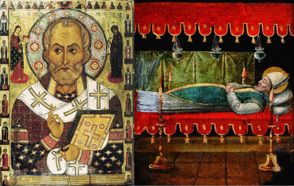 Ikona Aleksa Pietrowa z 1294 r. / Otwarty sarkofag świętego Mikołaja. XV-wieczna tempera na desce anonimowego malarza / autor: Domena publiczna