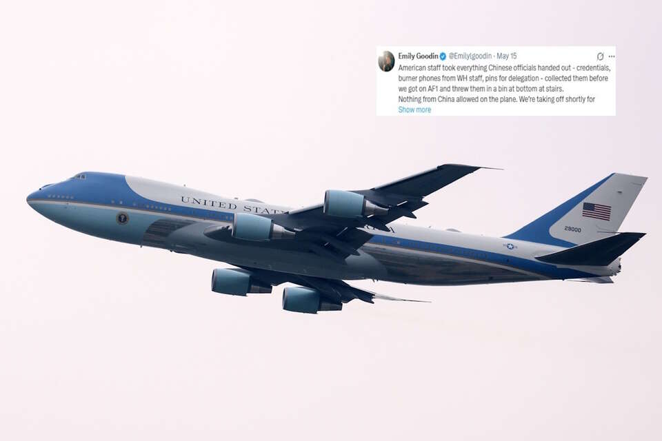 Air Force One z Donaldem Trumpem na pokładzie leci z Chin do USA oraz wpis korespondentki z Białego Domu Emily Goodin / autor: PAP/EPA/X-Emily Goodin
