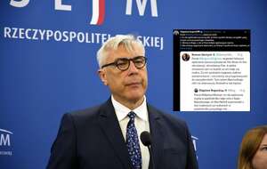Roman Giertych na konferencji prasowej w Sejmie oraz wpis Zbigniewa Boguckiego z portalu X / autor: Fratria/X-Zbigniew Bogucki