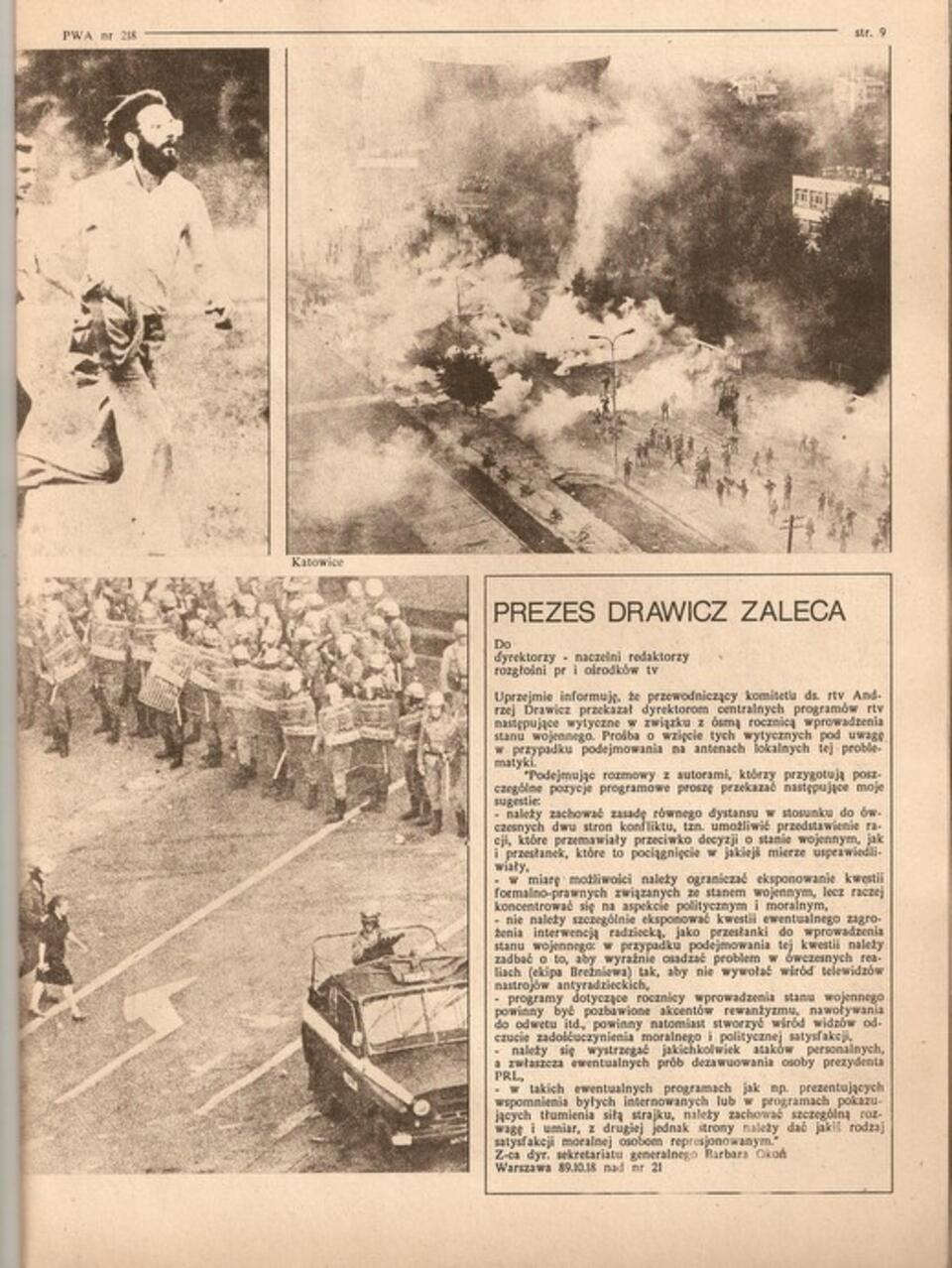 Strona Przeglądu Wiadomości Agencyjnych z 1989 r z listem Drawicza.