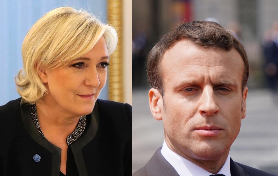 Merine Le Pen / Emmanuel Macron / autor: The Russian Presidential Wikimedia Commons - Press and Information Office / Creative Commons Attribution 4.0