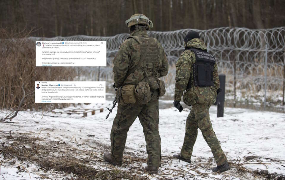 Przypadkowo postrzelił uciekającego migranta. Żołnierz z zarzutami. "Po raz który już 'uśmiechnięta Polska' 'pluje w twarz' mundurowym?" Na zdjęciu żołnierz WP i funkcjonariusz SG podczas patrolu przy granicy z Białorusią oraz wpisy z portalu X (screeny) / autor: Fratria/X (screen)