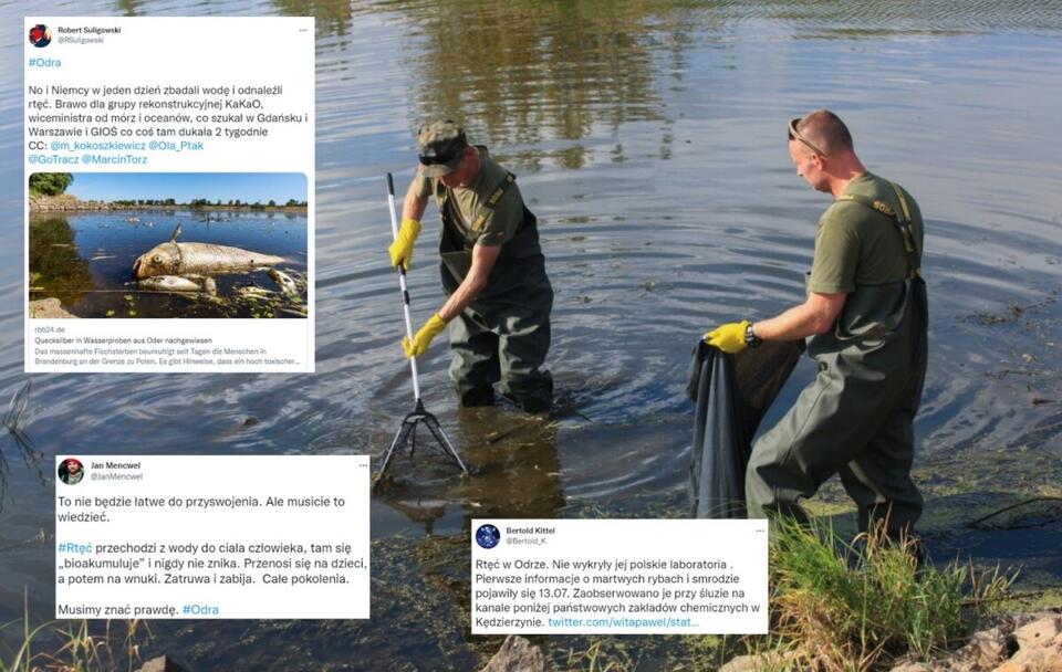 Żołnierze i strażacy usuwają martwe ryby z Odry w okolicy Słubic; Wpisy z Twittera dot. nieprawdziwej informacji o rtęci w Odrze / autor: PAP/Lech Muszyński; Twitter (screeny)