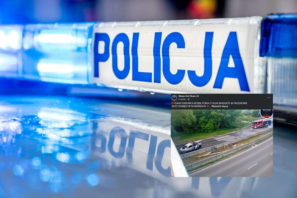 Włączona sygnalizacja świetlna policji oraz wpis Wawa Hot News 24 z Facebooka / autor: Fratria/Fb-Wawa Hot News 24